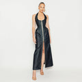 Denim Halter Corset Front Zip Pocket Maxi Dress