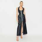 Denim Halter Corset Front Zip Pocket Maxi Dress