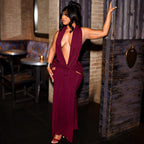 Satin Halter Deep V-Neck Cut Out Knot Front Double High Split Maxi Dress