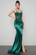 Analu Green Embroidered Lace Slit Maxi Dress