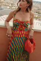 Spaghetti Strap Contrast Print Swing Maxi Vacation Dress