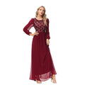 Long Sleeve Chiffon Stitching Sequ Toast Dress A line Large Hem round Neck V Back Fully Lined Elegant Evening Dress