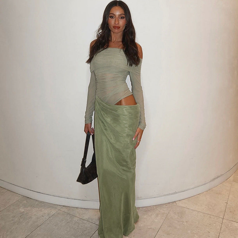 Off Shoulder Mesh Long Sleeve Ruched Waist Asymmetric Drape Maxi Dress