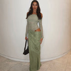 Off Shoulder Mesh Long Sleeve Ruched Waist Asymmetric Drape Maxi Dress