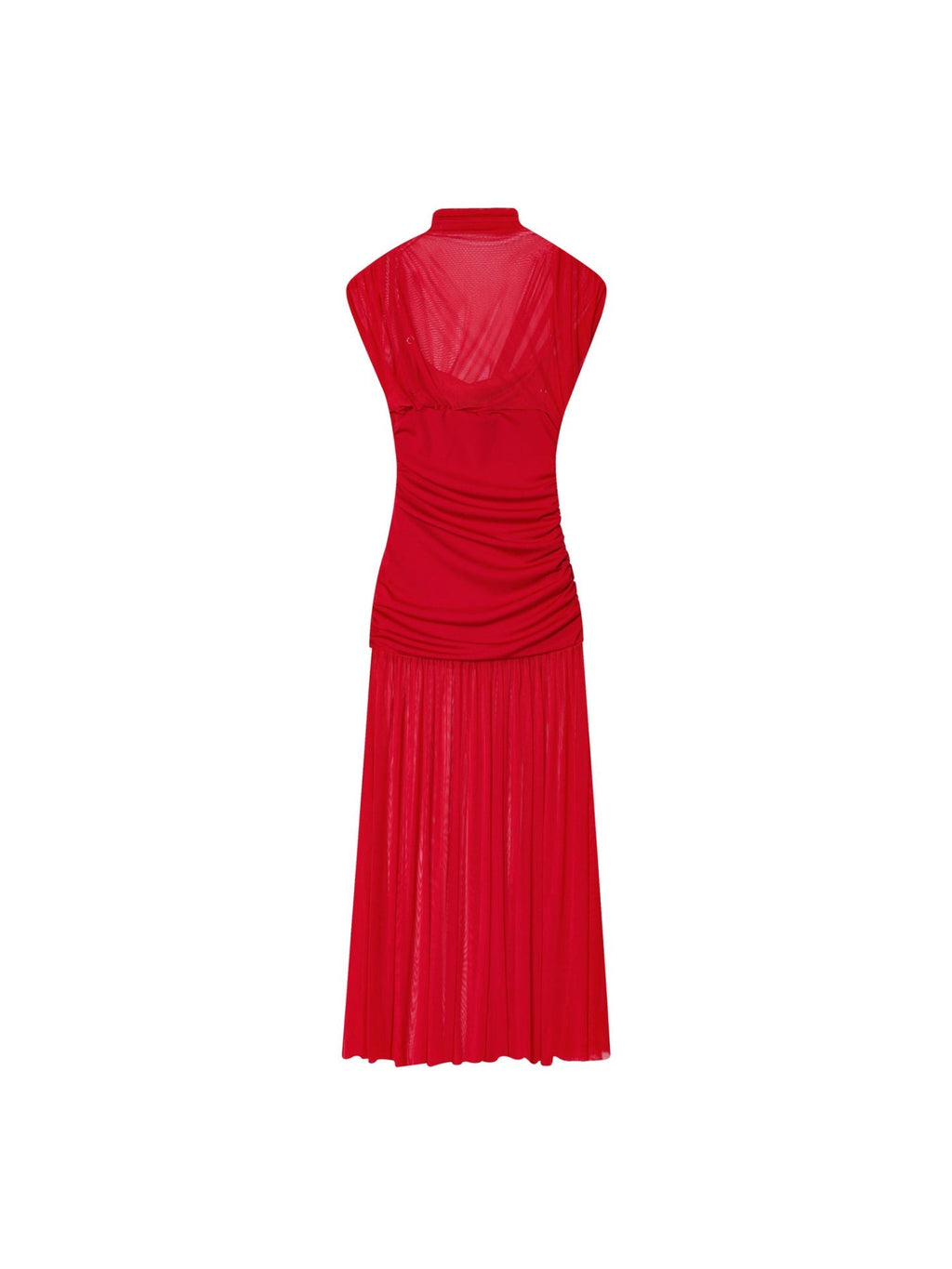 Mock Neck Mesh Yoke Ruched Bodice Pleated Midi Dress