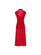 Mock Neck Mesh Yoke Ruched Bodice Pleated Midi Dress
