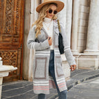 Plaid Hooded Knitted Cardigan Sweater