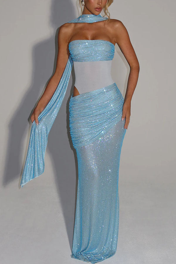 Kailani Sequin Strapless Mesh Cutout Waist Ruched Scarf Maxi Dress