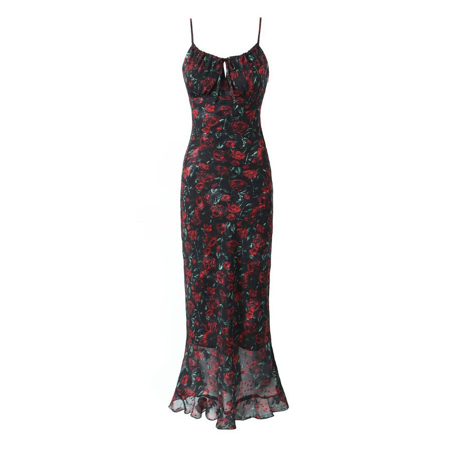 Spaghetti Strap Milkmaid Tie Neck Floral Mermaid Ruffle Hem Maxi Dress