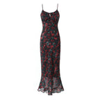Spaghetti Strap Milkmaid Tie Neck Floral Mermaid Ruffle Hem Maxi Dress