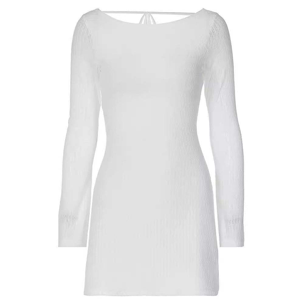 Ribbed Knit Boat Neck Bell Sleeve Bodycon Mini Dress