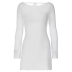 Ribbed Knit Boat Neck Bell Sleeve Bodycon Mini Dress