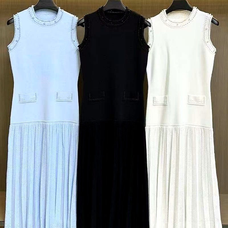 Pearl Trim Drop Waist Pointelle Pleated Skirt Crew Neck Knit Midi Dress
