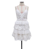 V-Neck Spaghetti Strap Eyelet Lace Tiered Ruffle Mini Dress