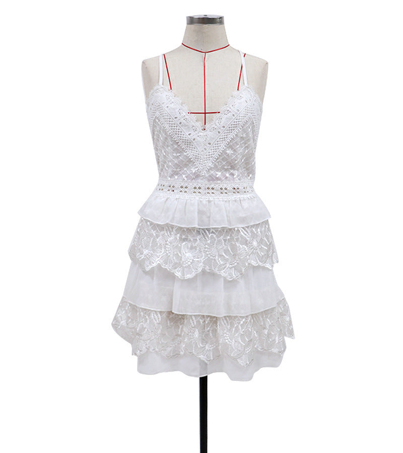 V-Neck Spaghetti Strap Eyelet Lace Tiered Ruffle Mini Dress
