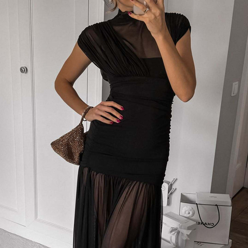 Mesh Mock Neck Ruched Cap Sleeve Chiffon Overlay Maxi Dress
