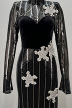 Aelik High Neck Sequin 3D Flower Maxi Dress