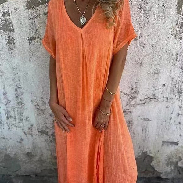 Jimena Minimalist Cotton Linen Dress with V Neck Elevated Occasion Wear