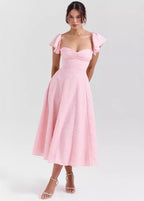 Floral Jacquard Flutter Sleeve Sweetheart Ruched Bodice A-Line Midi Dress
