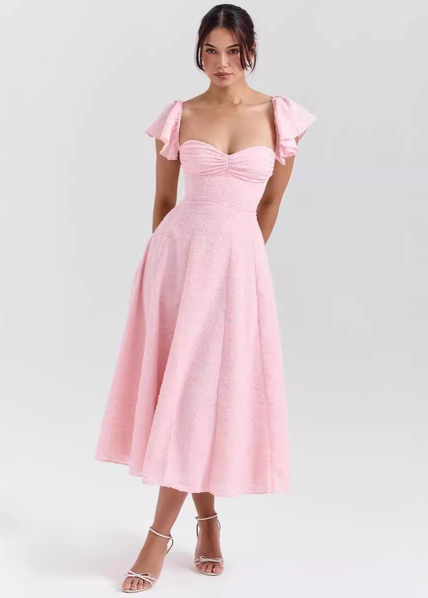 Floral Jacquard Flutter Sleeve Sweetheart Ruched Bodice A-Line Midi Dress