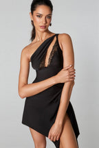 Miroa Slant Shoulder Lace Cutout Mini Dress