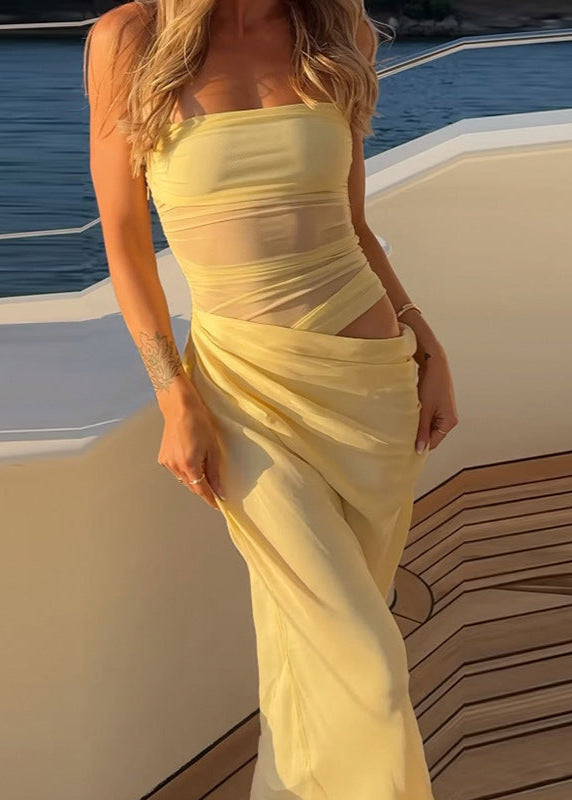 Off Shoulder Ruched Draped Waist Flowy Maxi Dress
