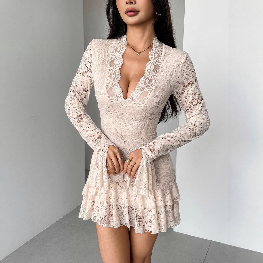 Lace Deep V-Neck Long Sleeve Ruffle Hem Bodycon Mini Dress