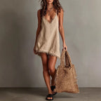 Fringe Trim Deep V-Neck Spaghetti Strap Mini Dress