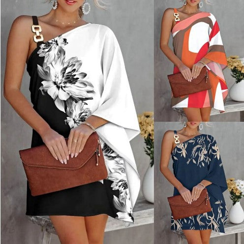 Vanesa Effortless Women's Asymmetric One Shoulder Dress with Floral Design Premium Wardrobe Essential