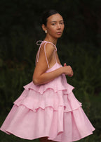 Square Neck Tie Shoulder Three Tier Ruffle Babydoll Mini Dress