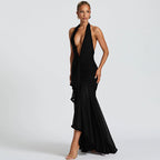 Halter Neck Plunging Ruched High-Low Mermaid Maxi Dress