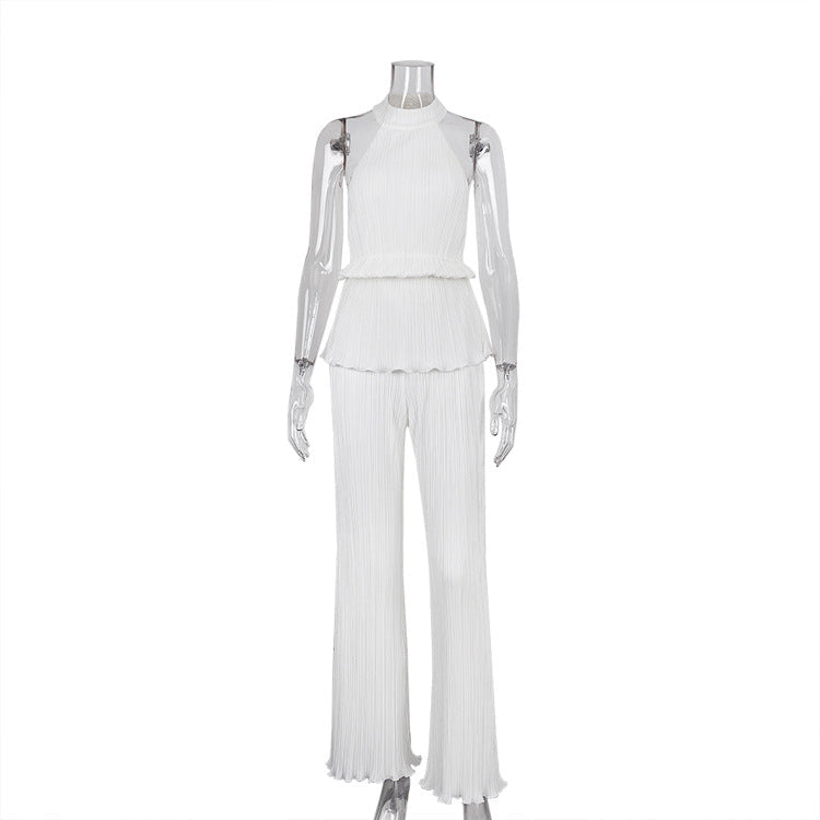 Halter Sexy Backless Sleeveless Vest White Pleated High Waist Set