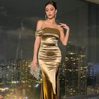 Satin Off Shoulder Ruched Side Slit Bodycon Maxi Gown