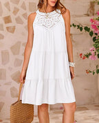 Crochet Lace Yoke Halter Neck Tiered A-Line Mini Dress