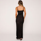 Deep V-Neck Floral Lace Spaghetti Strap Column Maxi Dress