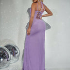 Halter Neck Deep V Ribbed Bustier Thigh Slit Bodycon Maxi Dress