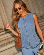 Button Sleeveless Vest Wide-Leg Jeans Set