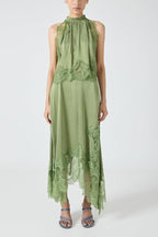 Modern Muse Satin Lace Trim Pleated Neck Top and A-line Irregular Slit Skirt Set