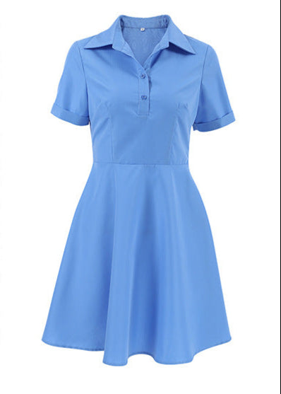 Short Sleeve Collar Button Front Pleated Fit and Flare Mini Dress