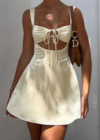 Satin Sweetheart Tie Front Under Bust Cut Out A-Line Mini Dress