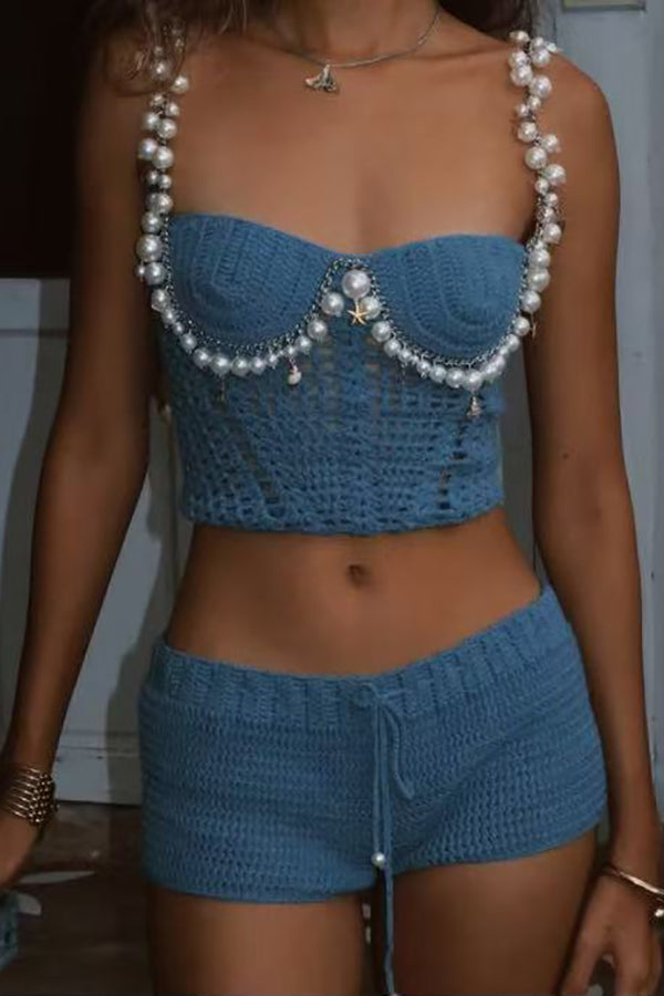Mirina Hollow Crochet Knit Pearl Trim Heart Collar Crop Vacation Tank