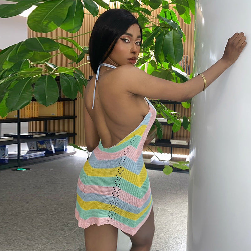 Knit Halter Neck Tie Front Cut Out Mini Dress