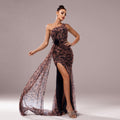 One Shoulder High Split Printed Chiffon Gown