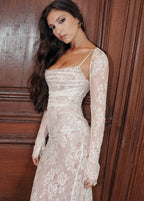 Square Neck Ruched Floral Lace Sheer Long Sleeve Maxi Dress