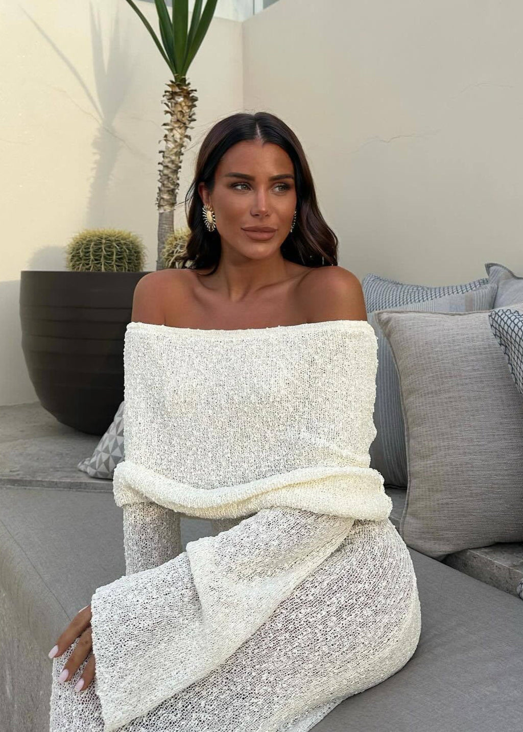 Off Shoulder Shimmer Knit Bodycon Maxi Dress