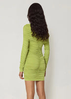Off Shoulder Ruched Long Sleeve Asymmetric Neck Bodycon Mini Dress