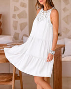 Crochet Lace Yoke Halter Neck Tiered A-Line Mini Dress