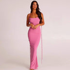 Spaghetti Strap Floor Length Tie Strap Backless Ruched Maxi Gown