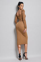 Kretska Sheath Long Sleeve Slim Backless Pleated Midi Dress