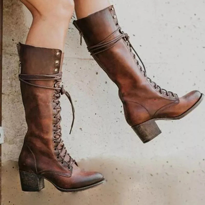 Amelia | Women’s Lace-Up Knee-High Boots with Block Heel